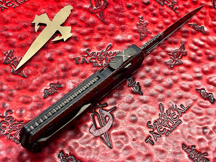 Marfione Custom Glykon 
Hot Blued WWII Pocket Change Pattern Broken Anvil Damascus,
Hefted Black Alloy w/ Burlap Micarta Overlay & DLC Two-Tone
Hardware, Double Action OTF Knife