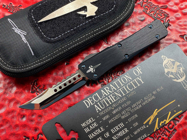 (Pre-Owned) MARFIONE Custom Knives Troodon, Hellhound Tanto, Mirror Polished, Blue Ringed Ti Hardware ***