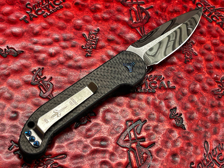 MARFIONE Custom LUDT Single Edge, Mirror Polished, Carbon Fiber Scales, Blue Ringed Titanium Accents Automatic OTS Knife