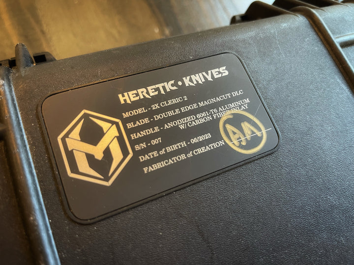 Heretic Knives 2X Cleric 2, Double Edge, DLC, Carbon Fiber Inlay, Serial #007