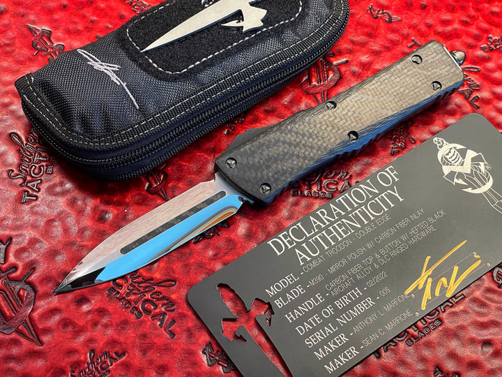 Marfione Custom Knives Combat Troodon Double Edge, Mirror Polished Carbon Fiber Inlay, Carbon Fiber Top, DLC Ringed Titanium