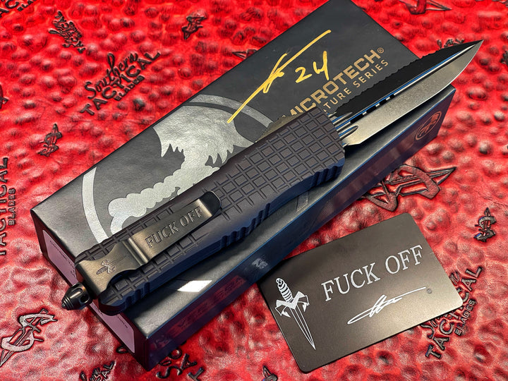 Microtech Knives, Combat Troodon Double Edge Frag Delta, Full serrated DLC, Nickel Boron Internals, DLC Torx Hardware, “Fuck Off” F/O (Family Only) pocket clip