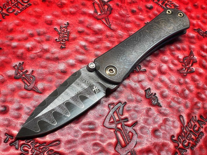 Borka Blades SBDP, Drop Point Grind, Vegas Forge Nitro V Core Damascus, Ti2 Four Horsemen Titanium Scales, Manual Folding Knife