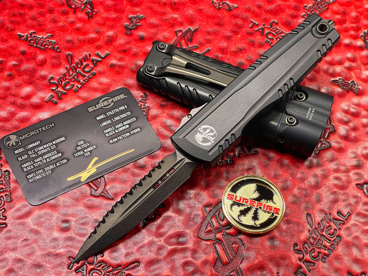 Microtech Luminary ZBP OTF DLC Full Serrated Knife Set Surefire Collab (PRE OWNED)