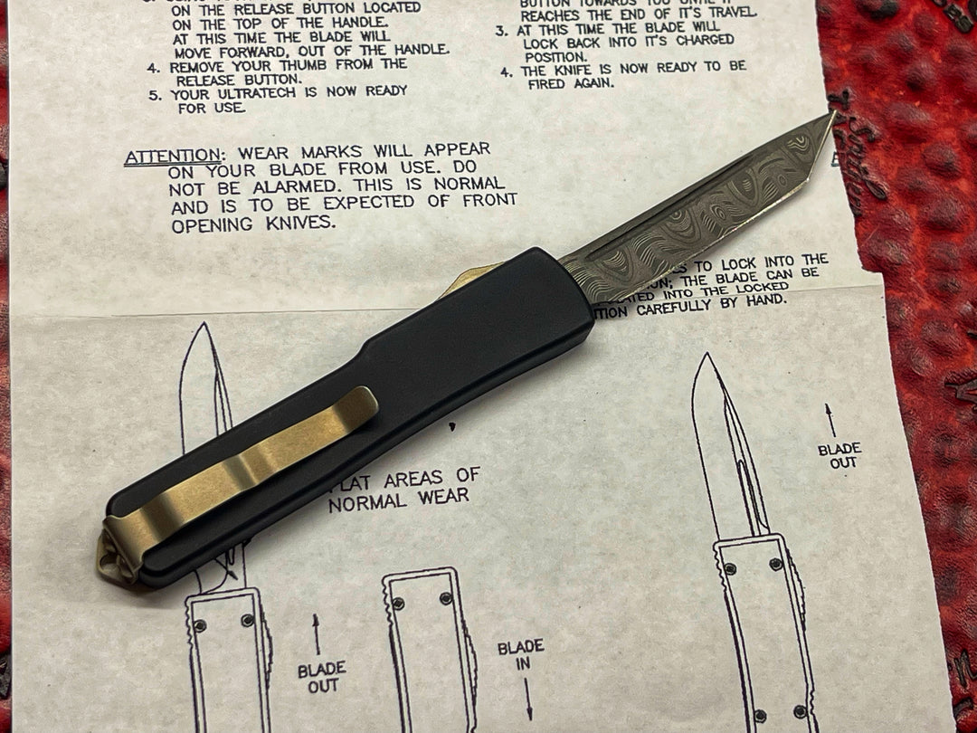 Microtech UTX-70 Tanto Edge, Damascus Flat Body w/ Bronze Accents, Double Action OTF Knife