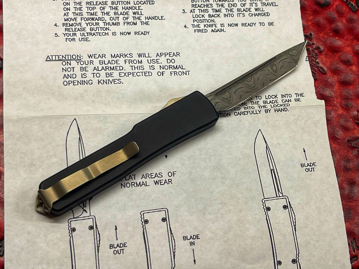 Microtech UTX-70 Tanto Edge, Damascus Flat Body w/ Bronze Accents, Double Action OTF Knife