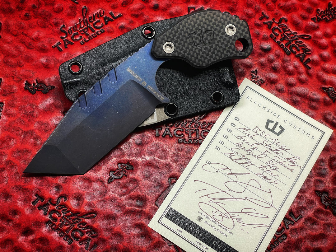 Blackside Customs/ Strider Knives SLCC Fixed Blade Knife Tanto Grade 5 Titanium, Anodized Blue, Carbon Fiber