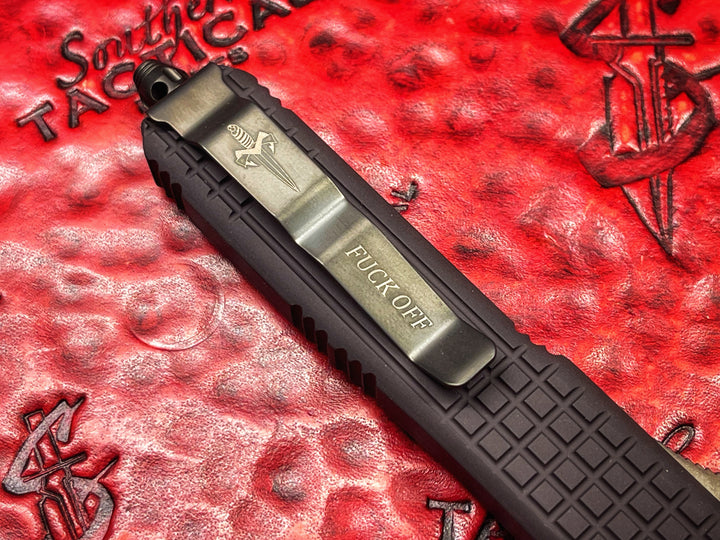 Microtech Ultratech “Fuck Off” Family Only, Delta Frag Tanto Full Serrated DLC, Shadow Double Action OTF Knife