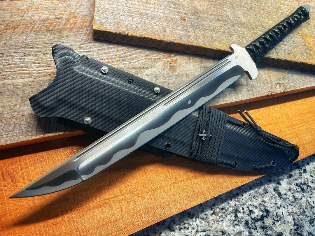 Marfione Custom Combat Wakizashi, Brushed Satin D2, Simulated Hamon Traditional Japanese Leather Battle Wrap, Fixed Blade