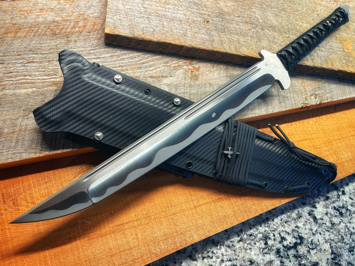 Marfione Custom Combat Wakizashi, Brushed Satin D2, Simulated Hamon Traditional Japanese Leather Battle Wrap, Fixed Blade