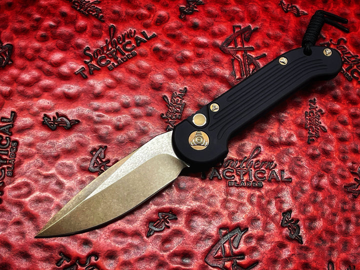MARFIONE Custom LUDT Single Edge Two Tone Bronze Stonewash, Bronze Titanium Accents, automatic OTS Knife