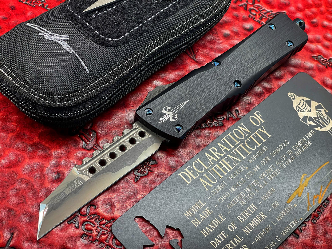 Marfione Custom Knives Combat Troodon Warhound Chad Nichols Damascus Blue Ringed Titanium Hardware