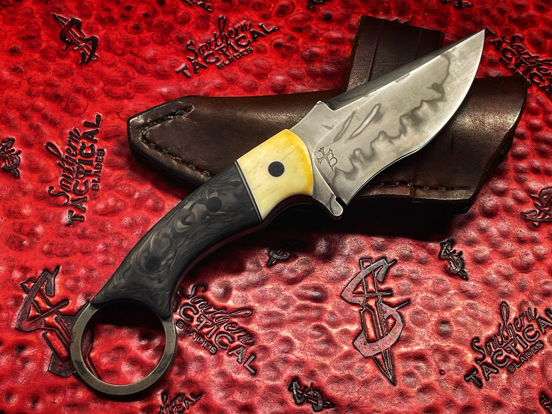 Borka Blades Ryan Weeks RSR (Ryan Sebastion Recurve) Dirt Hamon Fixed Blade, shredded Carbon fiber Scales w/ bone Bolster