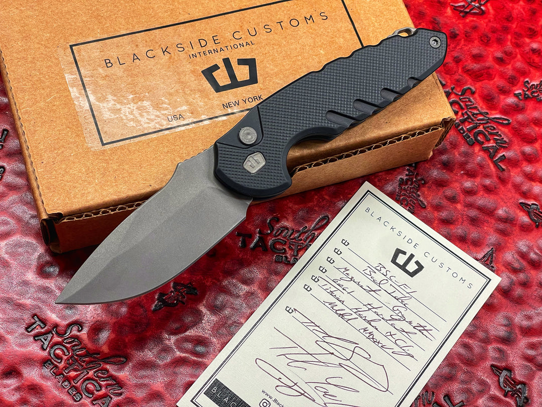 Blackside Customs Bad Idea OTS Automatic Folding Knife, Grey Matter Magnacut Blade, Black Anodized Aluminum
