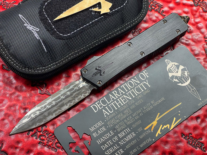 Marfione Custom Scarab II Double Edge Spike Grind, Vines and Rose Damascus, Bronzed Ring Ti Accents