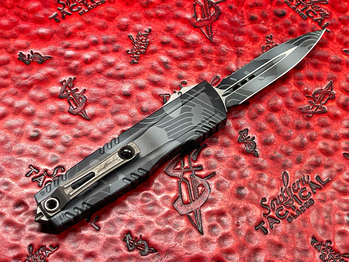 Microtech Luminary ZBP Double Edge Signature Series Topographic Urban Camo Full Serrated Tritium insert, Double Action OTF Knife