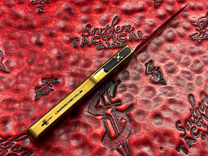 MARFIONE custom knives UTX-70, Mirror polished w/ Carbon fiber inlay, two tone brass w/ carbon fiber inlay, double action OTF Knife