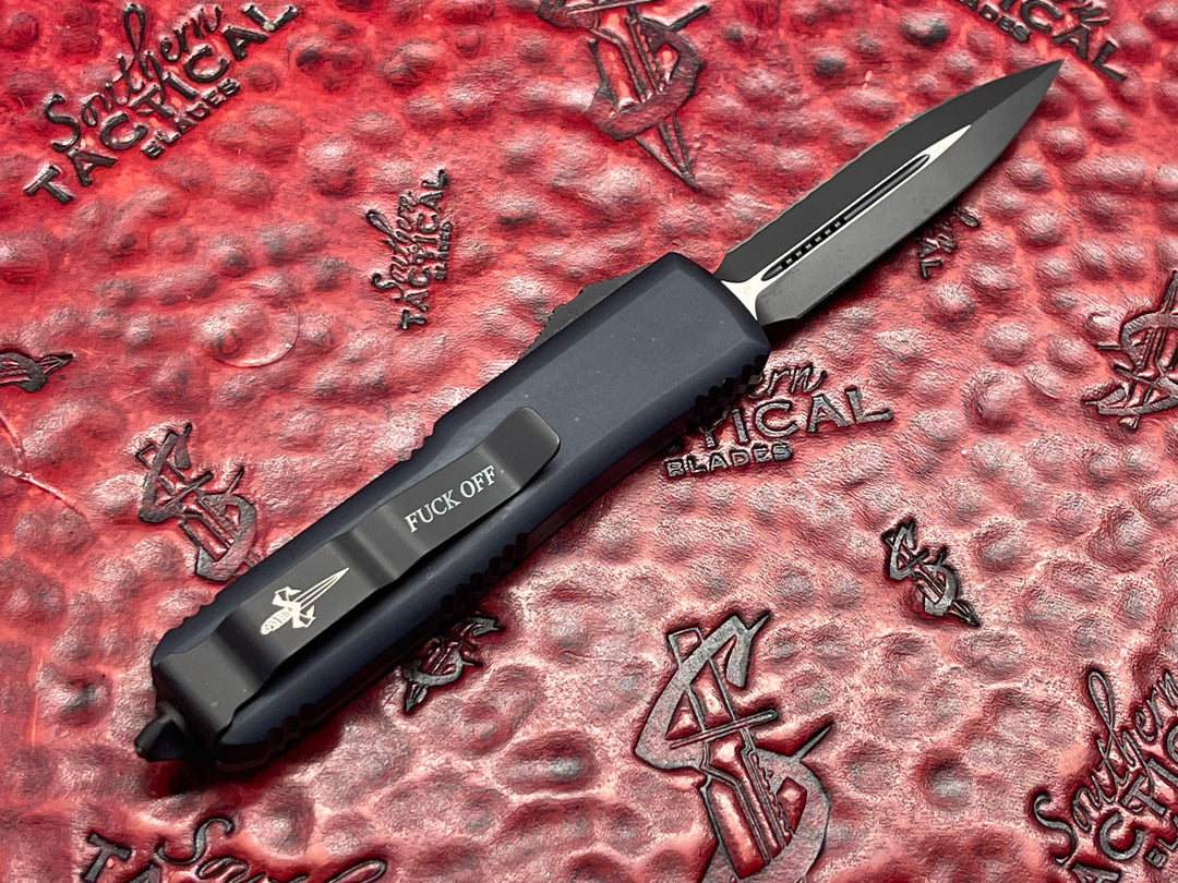 Microtech “Fuck Off” Set, w/ Ultratech, UTX-85, and UTX-70, Double Edge, Full Serrated w/ Jade Green G10 Top Double Action OTF Knives
