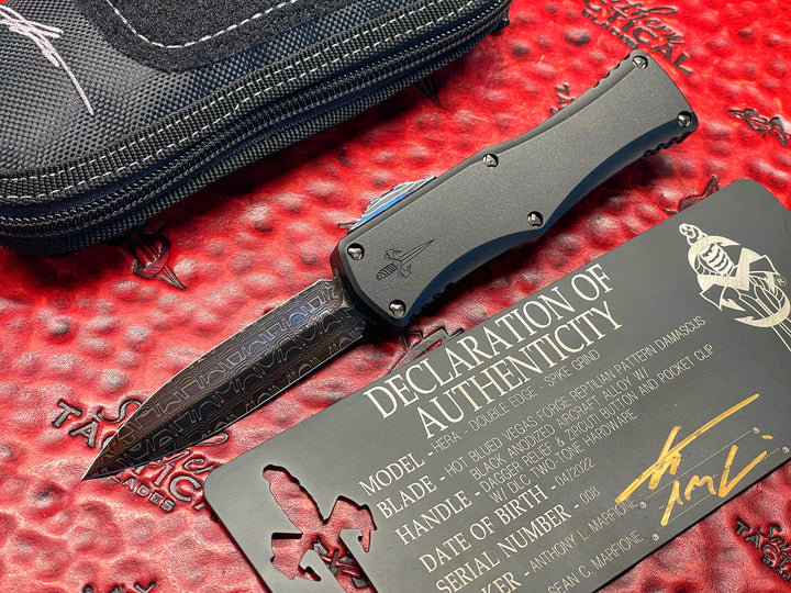 Marfione Custom Hera, Double Edge Spike Grind, Hot Blued Vegas Forge Reptilian Pattern Damascus, Anodized Alloy, Zurcuti Button and Pocket Clip, Two Tone DLC Hardware