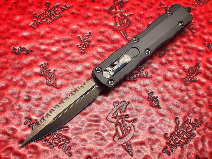 Microtech Dirac Delta, Double Edge DLC Full serrated, Shadow Signature Series, Double action OTF Knife