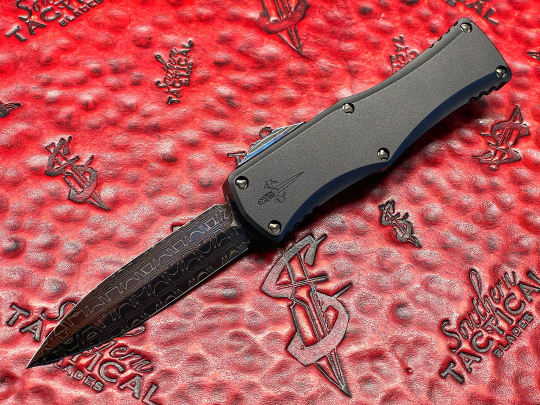 Marfione Custom Hera, Double Edge Spike Grind, Hot Blued Vegas Forge Reptilian Pattern Damascus, Anodized Alloy, Zurcuti Button and Pocket Clip, Two Tone DLC Hardware