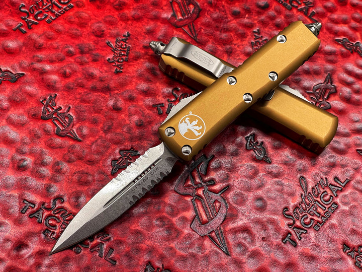 Microtech UTX85 Double Edge Stonewashed Part Serrated Tan