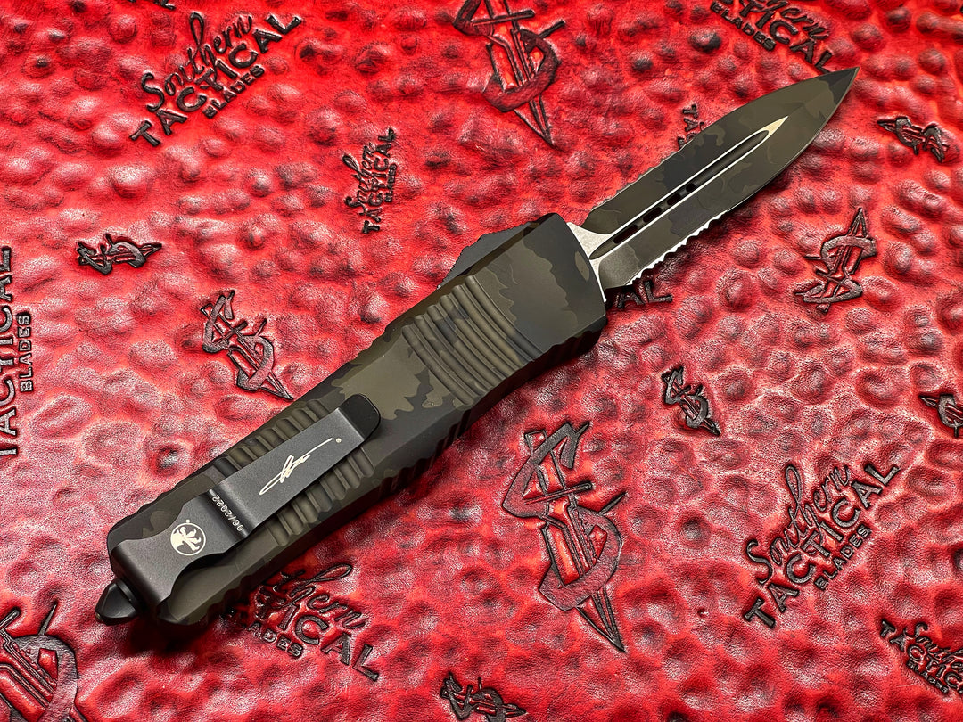 Microtech Combat Troodon D/E Part Serrated Olive Camo Cerakote Signature Series
