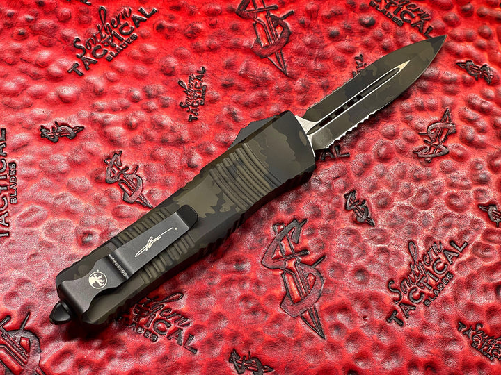 Microtech Combat Troodon D/E Part Serrated Olive Camo Cerakote Signature Series