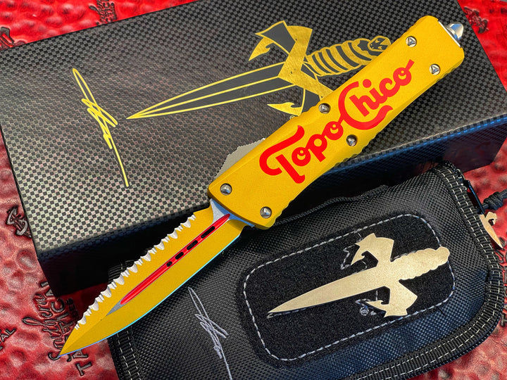 Marfione Custom Combat Troodon Double Edge, Topo Chico Cerakote, “Fuck Off” Pocket clip, Full Serrated, Two Tone Hardware 1 of 11