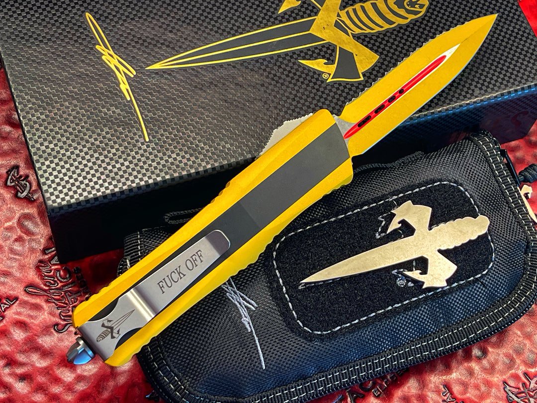 Marfione Custom Combat Troodon Double Edge, Topo Chico Cerakote, “Fuck Off” Pocket clip, Full Serrated, Two Tone Hardware 1 of 11