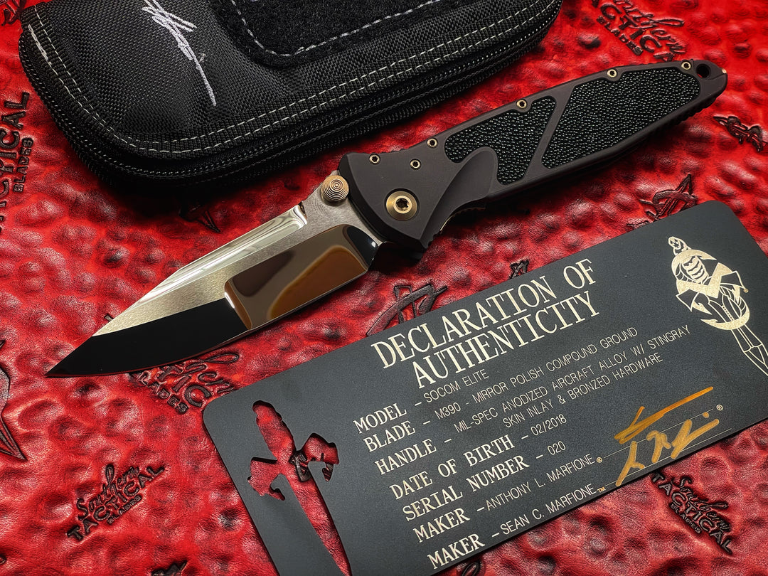 Marfione Custom Socom Elite Manual, Single Edge Compound Grind, Mirror Polished, Aluminum Handle with Stingray Inlay, Bronzed Titanium Accents