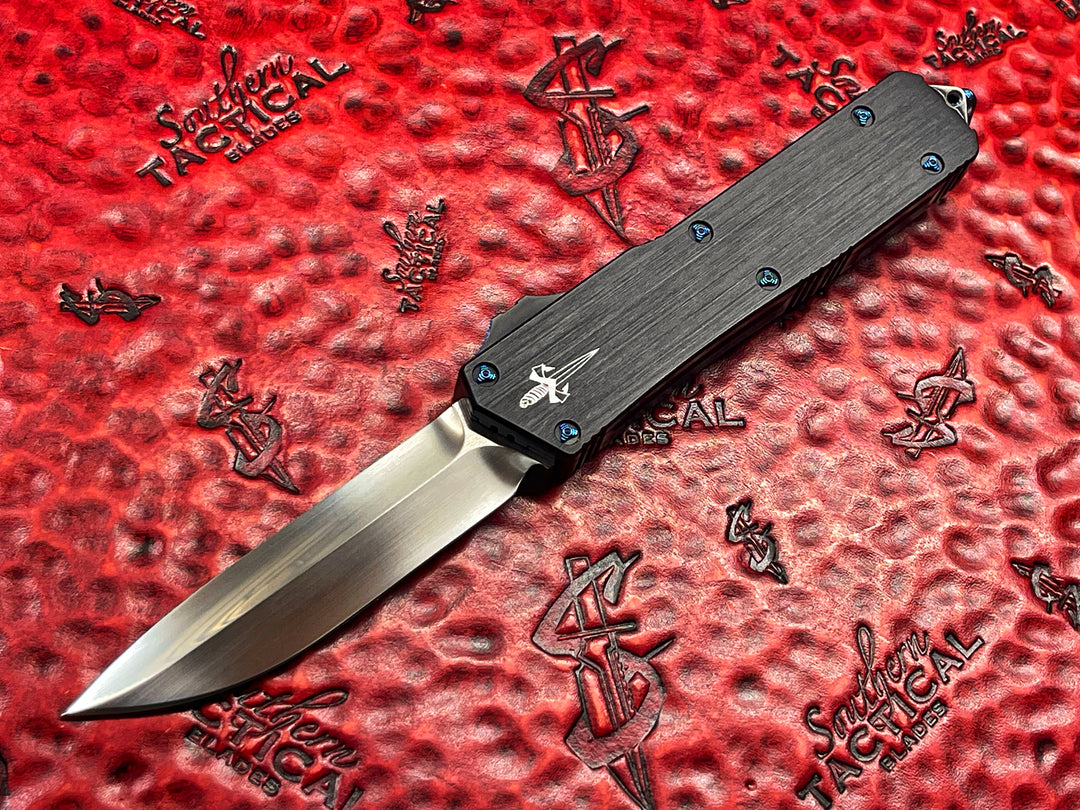 Marfione Custom knives Scarab II Double Edge S/E Spike Grind Hand Rubbed Satin, Hefted Aluminum w/ Blue Titanium Ringed Accents