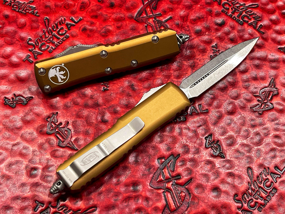 Microtech UTX85 Double Edge Stonewashed Full Serrated Tan