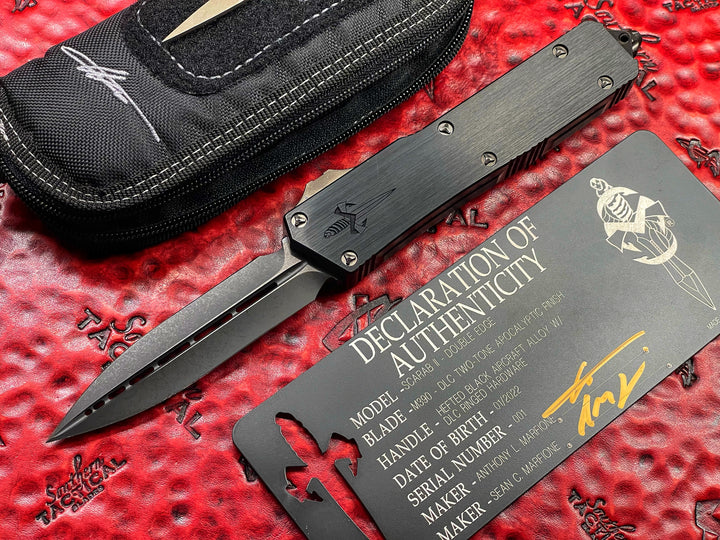 Marfione Custom knives Scarab II Double Edge Apocalyptic DLC, Skeletonized Fuller Hefted Aluminum w/ DLC Ringed Titanium Ringed Accents (Pre-Owned)