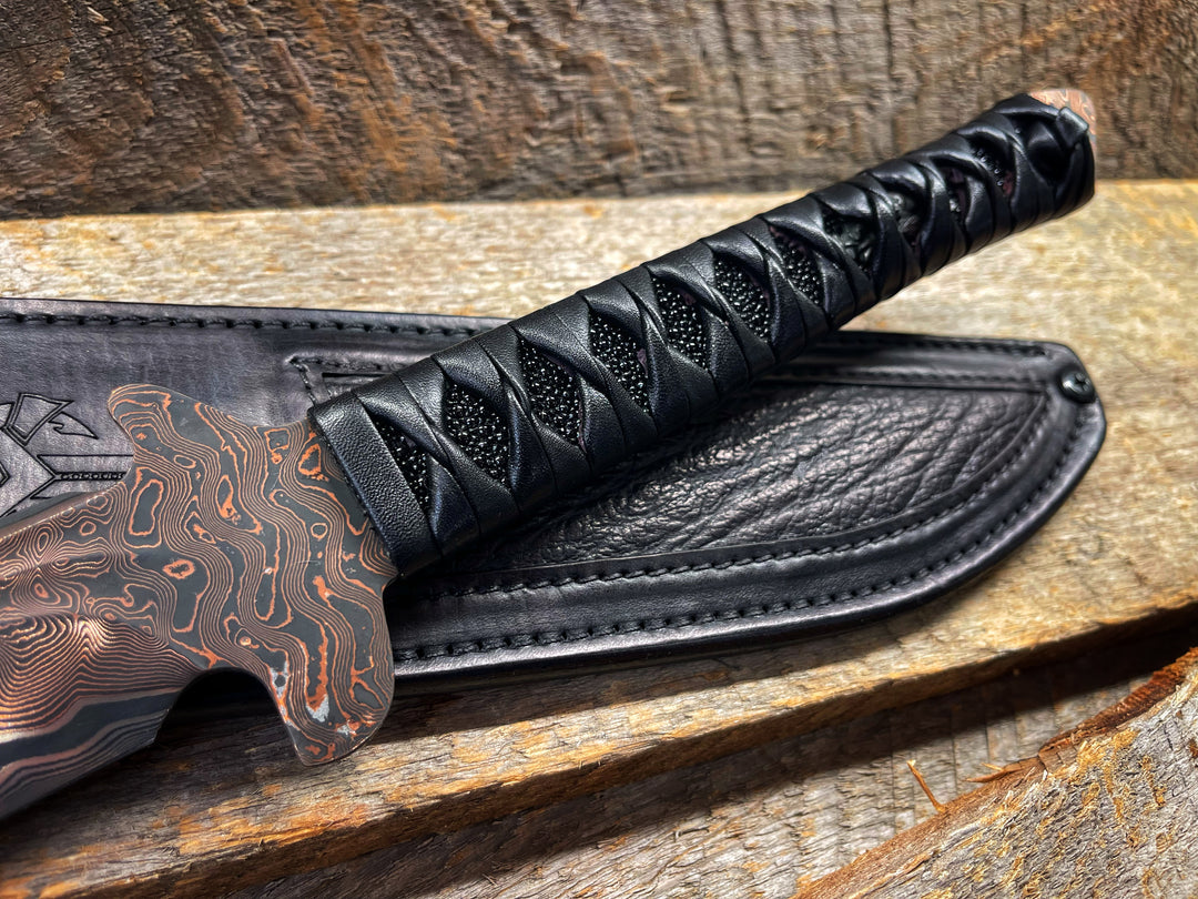 Marfione Custom Knives / JB Blades Combat Wakizashi w/ Baker Forge Riptide Damascus Ultra Star Grind & EDO Japan Menuki, Leather Wrapped Handle