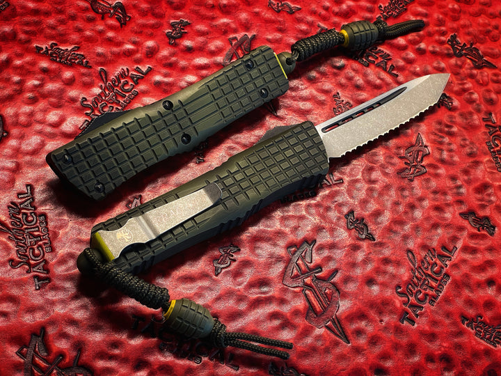 Microtech Combat Troodon Tanto Full Serrated Apocalyptic “Frag Off” Grenade Green