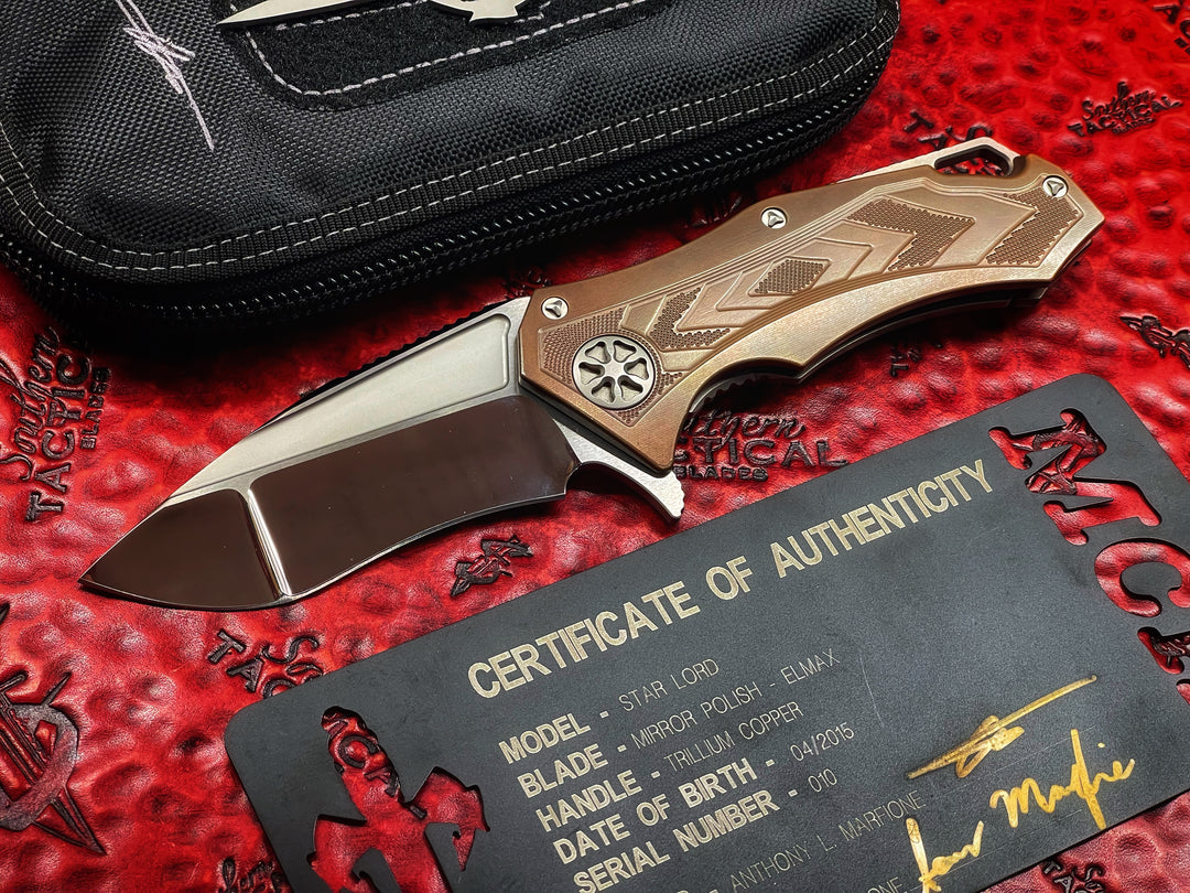 Marfione Custom StarLord, Mirror Polished Star Grind Recurve, Trillium Copper Scales Folding Knife