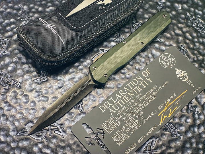 Marfione Custom Cypher, Double Edge Stonewash DLC, Hefted OD Green Anodized Alloy, DLC accents, Double Action OTF Knife