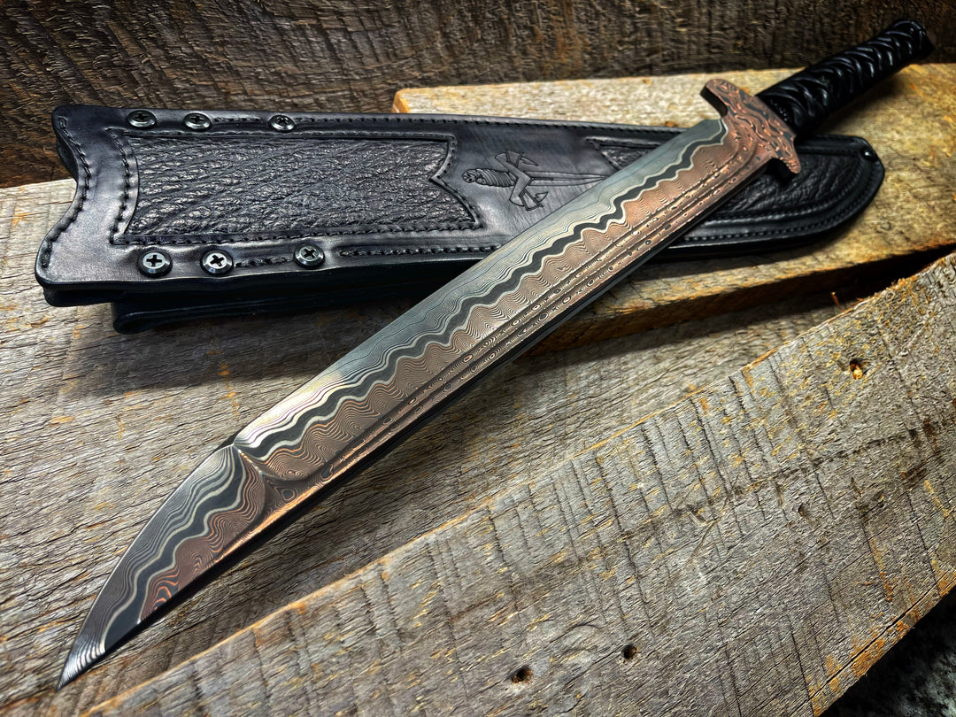 Marfione Custom Knives / JB Blades Combat Wakizashi w/ Baker Forge Riptide Damascus Ultra Star Grind & EDO Japan Menuki, Leather Wrapped Handle
