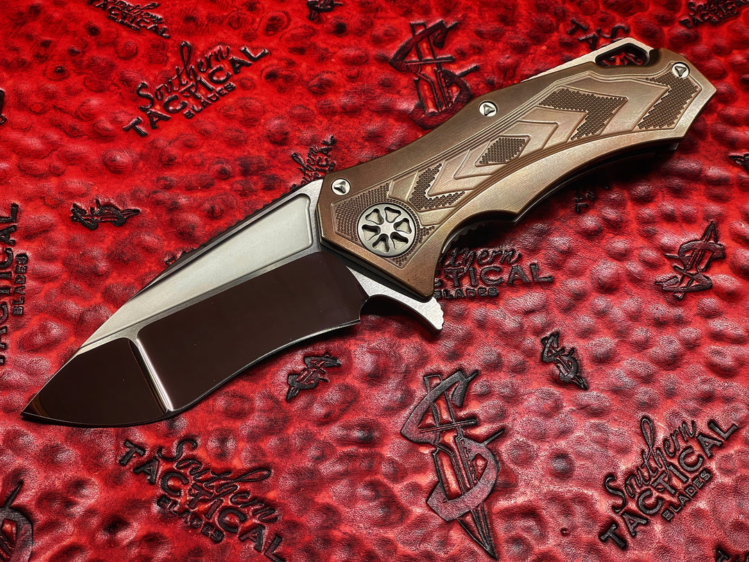 Marfione Custom StarLord, Mirror Polished Star Grind Recurve, Trillium Copper Scales Folding Knife