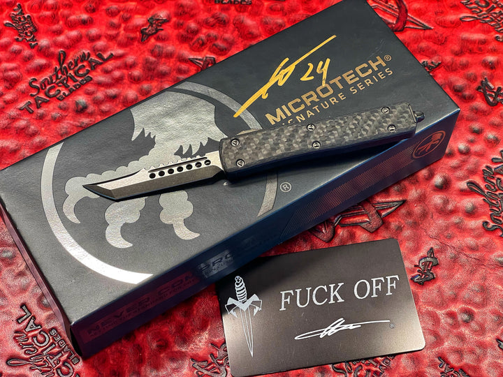 Microtech UTX-70 Hellhound Tanto DLC Standard Two Tone, Carbon Fiber Top w/ DLC Accents F/O (Family Only) Pocket Clip, Signed Box w F/O Cert. The Final Production UTX-70 Pieces