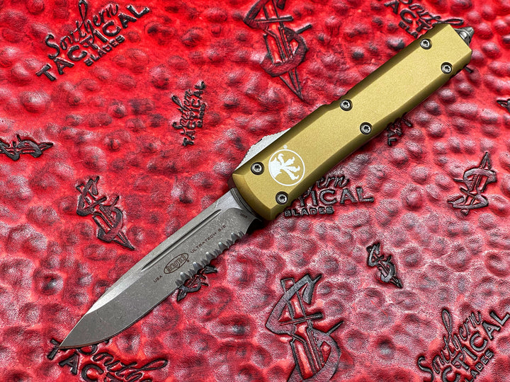 Microtech Ultratech OTF Automatic Knife S/E Apocalyptic Part Serrated OD Green