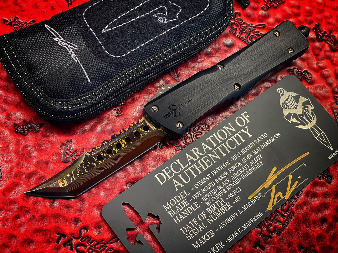 Marfione Custom Combat Troodon Hellhound Tanto, Hot Blued Baker Forge Tiger Mai Damascus, Hefted Alloy Chassis, Copper Ringed Hardware