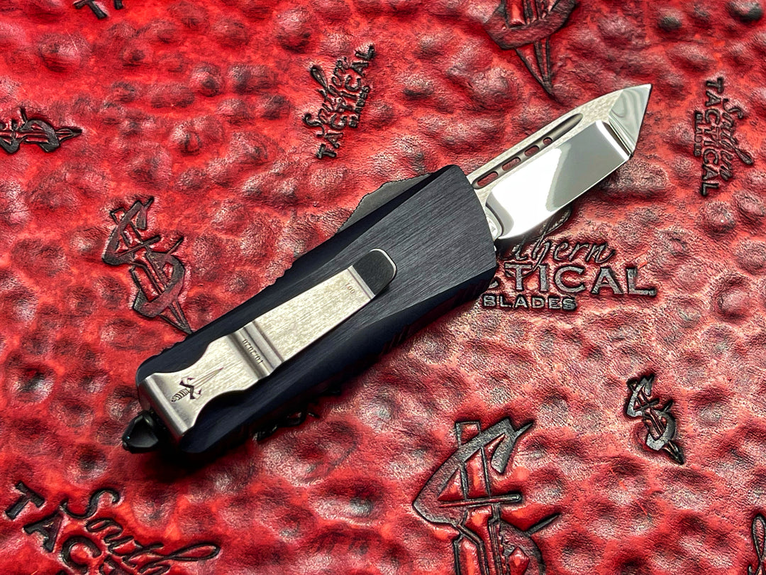 Marfione Custom Knives Mini Troodon Tanto Mirror Polished Star Grind, Hefted Alloy, Blue ringed Titanium Accents