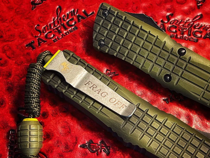 Microtech Combat Troodon Tanto Full Serrated Apocalyptic “Frag Off” Grenade Green