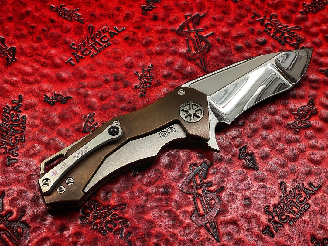 Marfione Custom StarLord, Mirror Polished Star Grind Recurve, Trillium Copper Scales Folding Knife