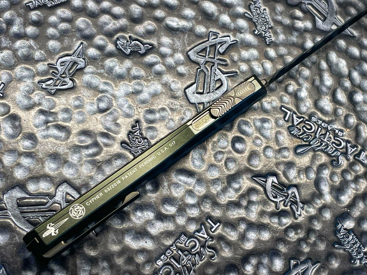 Marfione Custom Cypher, Double Edge Stonewash DLC, Hefted OD Green Anodized Alloy, DLC accents, Double Action OTF Knife