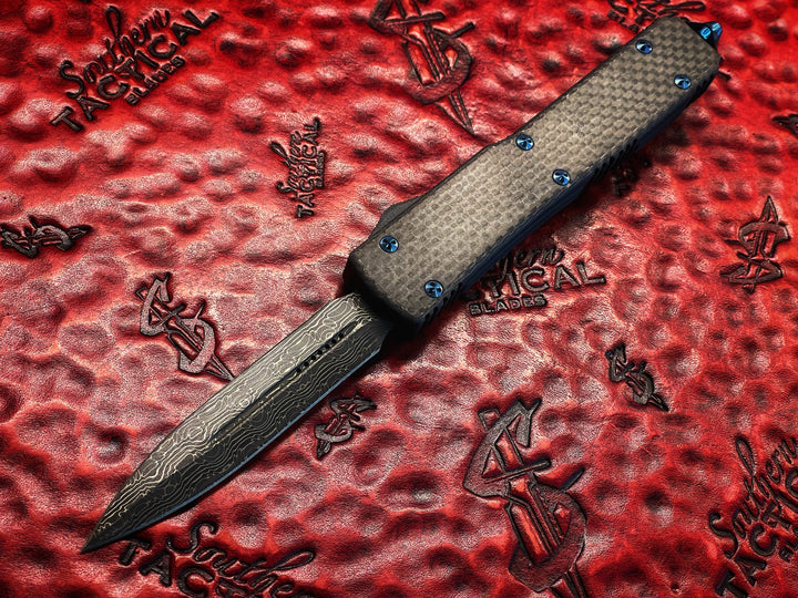 Microtech Ultratech D/E OTF, Double Edge Damascus, Carbon Fiber Top, Blue Titanium Accents, “Flat Body” serial #003