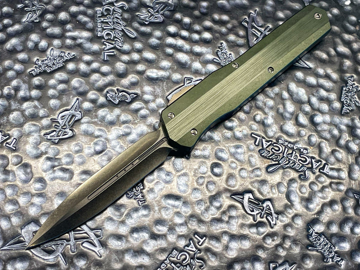 Marfione Custom Cypher, Double Edge Stonewash DLC, Hefted OD Green Anodized Alloy, DLC accents, Double Action OTF Knife