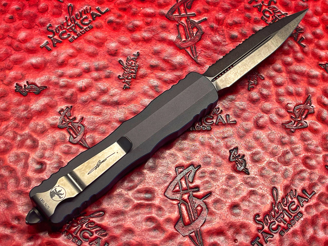 Microtech Dirac Delta, Double Edge DLC Full serrated, Shadow Signature Series, Double action OTF Knife